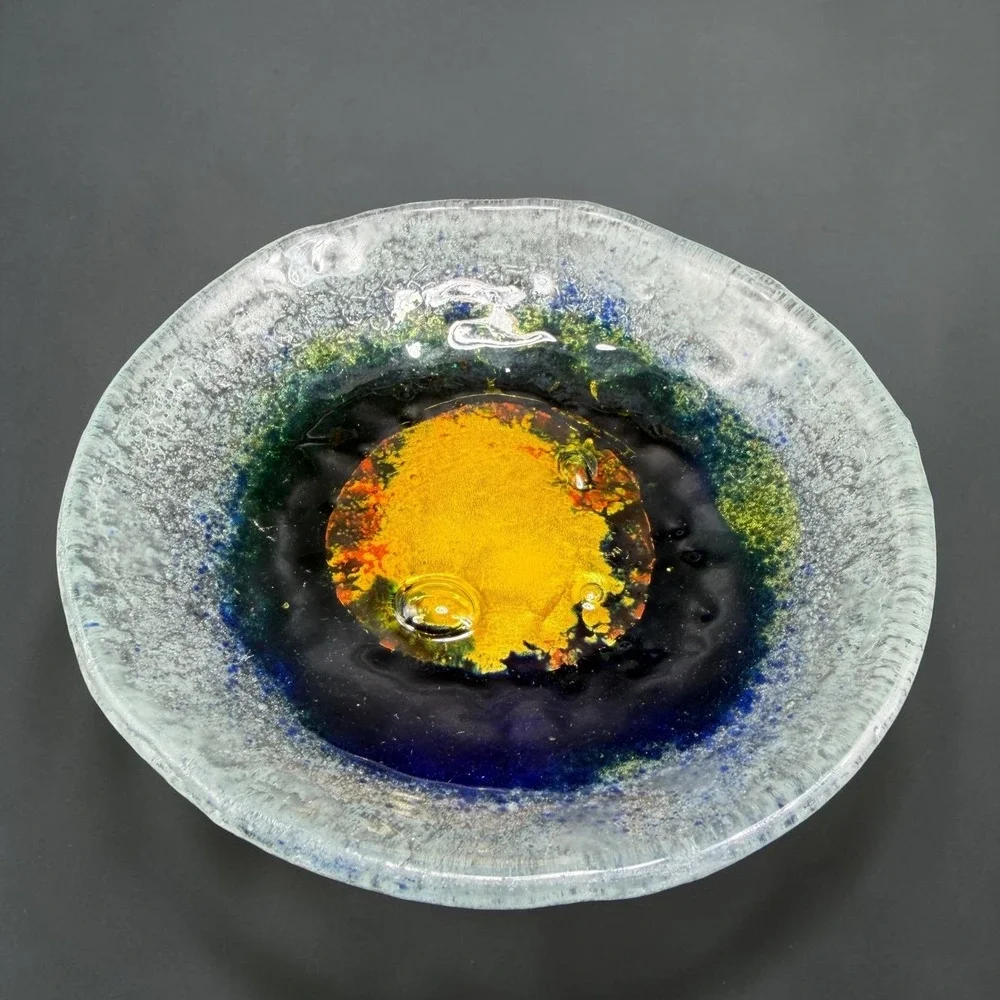 Handmade Fused Glass Bowl Dish Blue Yellow Green Celestial Art Glass Catchall